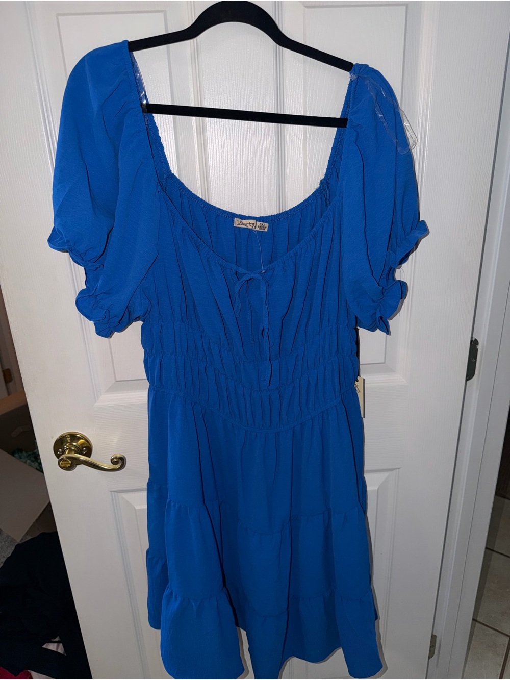 Bright Blue Puff Sleeve Smocked Waist Dress